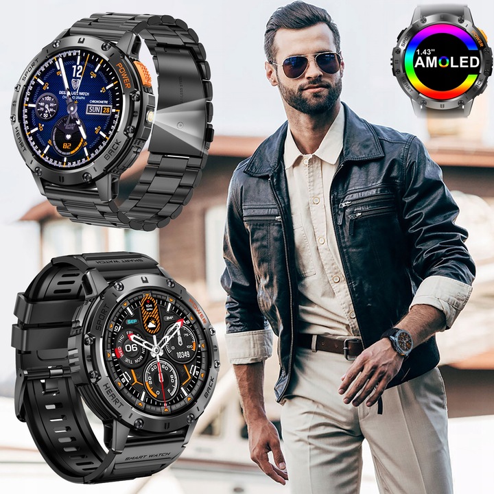 Zegarek Męski Smartwatch AMOLED IP68 530mAh Pomiary Rozmowy SMS Latarka PL