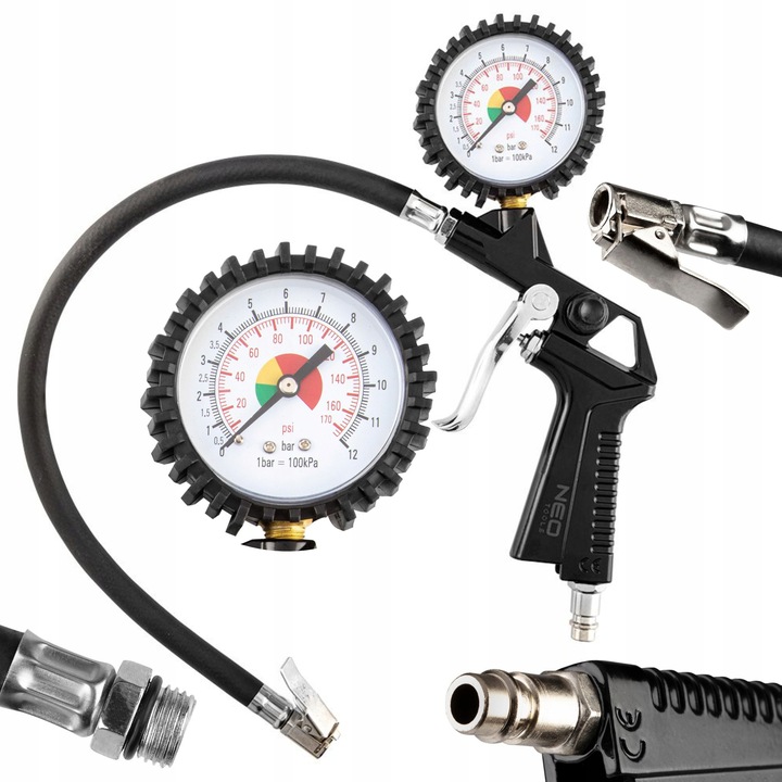 NEO PISTOLET DO POMPOWANIA KÓŁ Z MANOMETREM 0-12 BAR ZACZEP + WĘŻYK 14-714