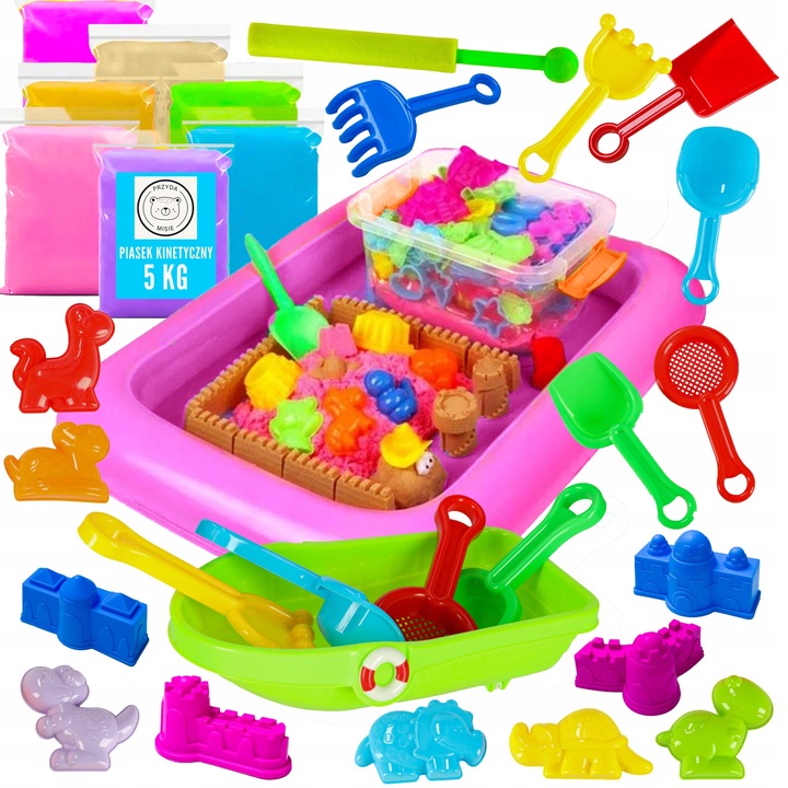 DUZY ZESTAW XXL PIASEK KINETYCZNY 5 KG BASEN ŁOPATKA PIASKOWNICA STATEK