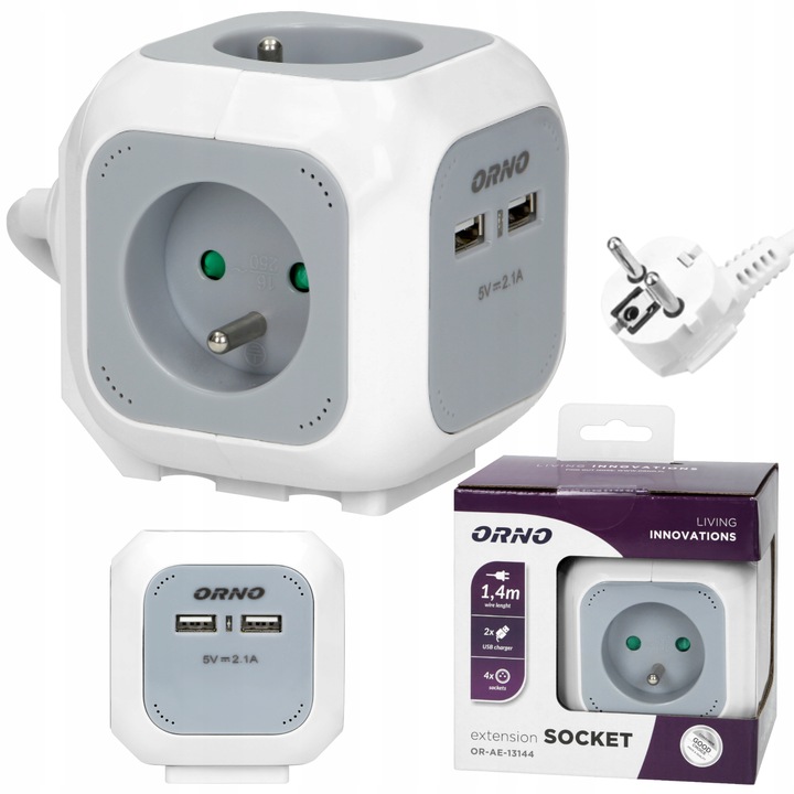 Przedłużacz Listwa Kostka Magic Cube 4-Gniazda 2x USB Ładowarka Kabel 1,4m