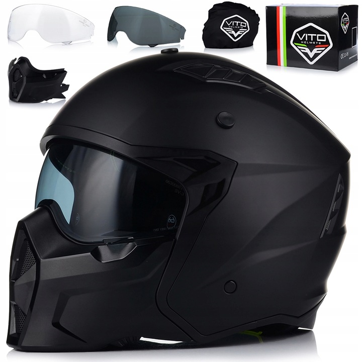 KASK MOTOCYKLOWY 4w1 VITO PREDATOR MATT ODPINANA SZCZĘKA + DASZEK + 2xSZYBA