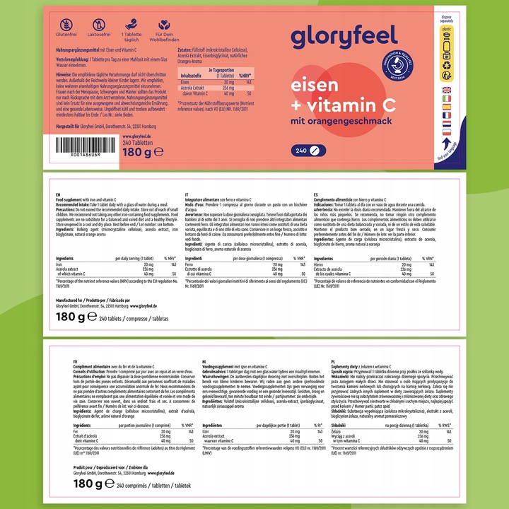 ŻELAZO + WITAMINA C KWAS ASKORBINOWY na odporność 240 tabletek gloryfeel