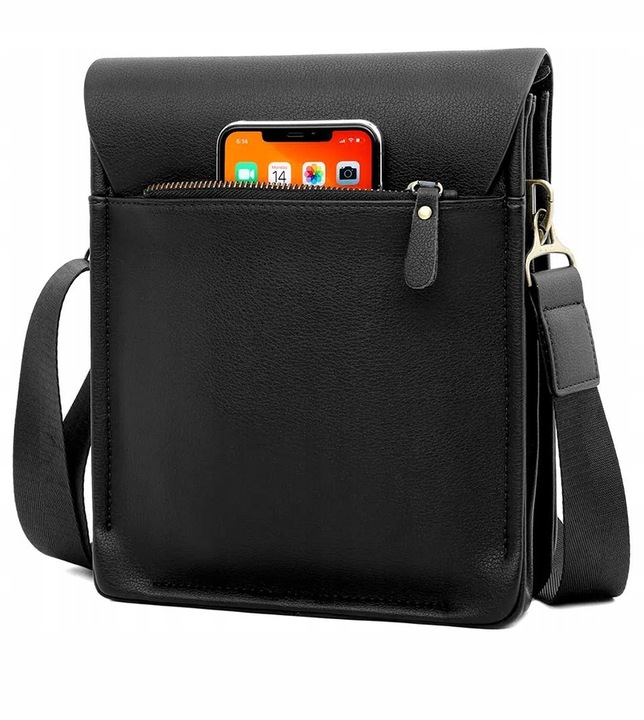 TORBA MĘSKA SKÓRZANA LISTONOSZKA NA RAMIĘ Z KIESZENIĄ Z KLAPĄ CZARNA