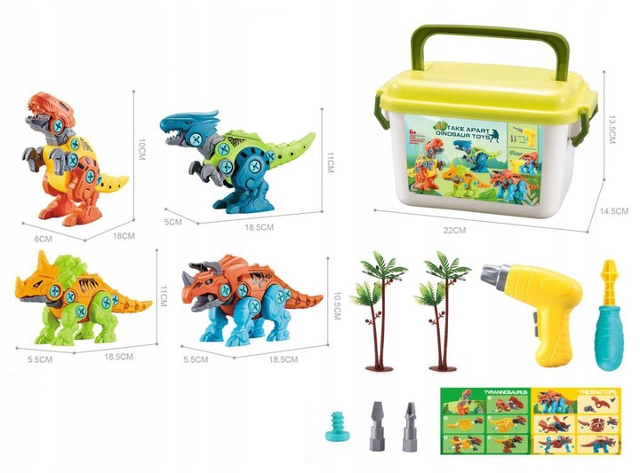 DINOZAURY DO SKRĘCANIA ROZKRĘCANIA z wkrętarką Zestaw 4 FIGURKI kuferek