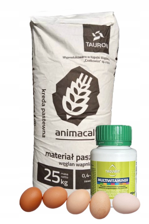 SUPER ZESTAW! Kreda pastewna 25kg Animacal + witaminy dla kur TROUWIT 100ml