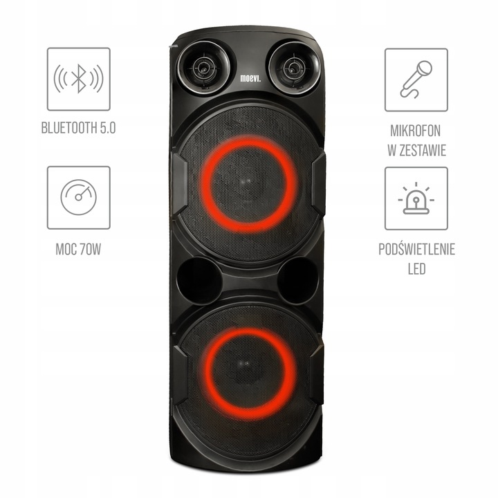 Moevi Duży głośnik 70 W przenośny, kolumna karaoke z mikrofonem, 63 cm