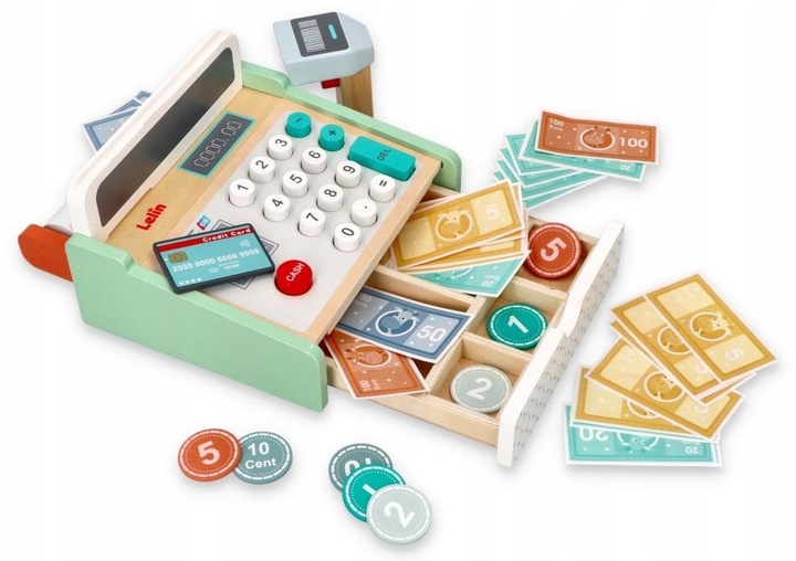Drewniana kasa fiskalna ze skanerem Do przedszkola Do sklepu Dla dziecka
