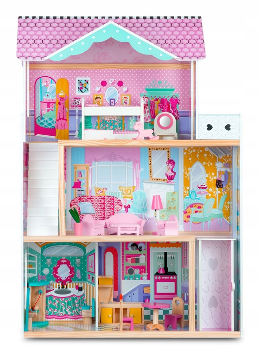 XXL DUŻY DREWNIANY RÓŻOWY DOMEK DLA LALEK MEBLE WINDA AKCESORIA LED