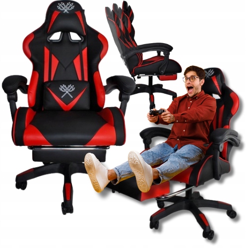 SUPER WYGODNY FOTEL GAMINGOWY BIUROWY KUBEŁKOWY CZARNO - CZERWONY DUNMOON