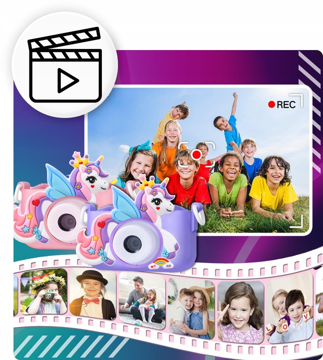 APARAT CYFROWY DLA DZIECI JEDNOROŻEC SELFIE KAMERA+KARTA 32GB MENU PL