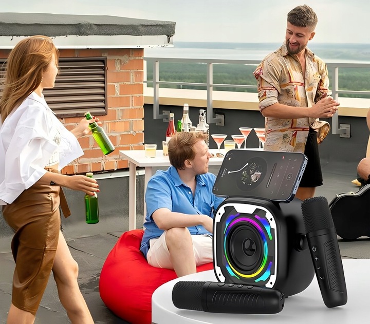 ZESTAW KARAOKE Z 2 MIKROFONY BEZPRZEWODOWE GŁOŚNIK BLUETOOTH LED KOLOROWA