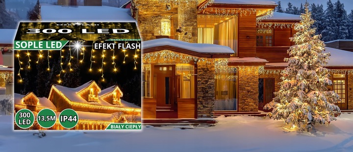 SOPLE LED 300 LAMPKI CIEPŁE WISZĄCE 13,5M ZEWNĘTRZNE WEWNĘTRZNE EFEKT FLASH
