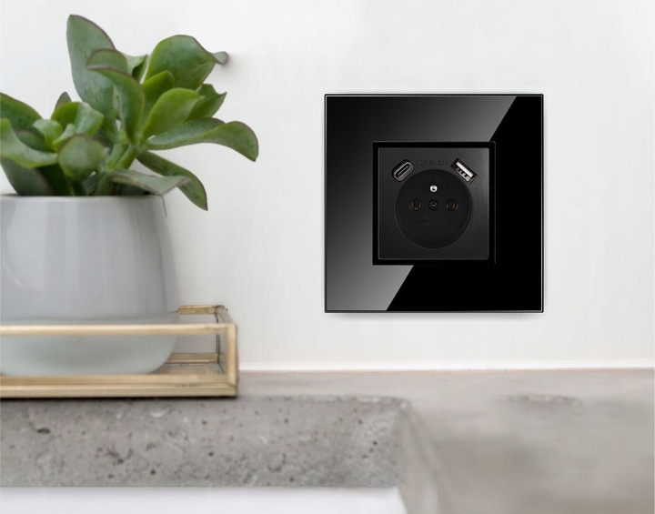 GNIAZDO GNIAZDKO SZKLANE POJEDYNCZE CZARNE BOLCEM PODTYNKOWE USB C PREMIUM