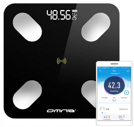 Inteligentna waga łazienkowa smart szklana OMNA aplikacja, miarka i baterie