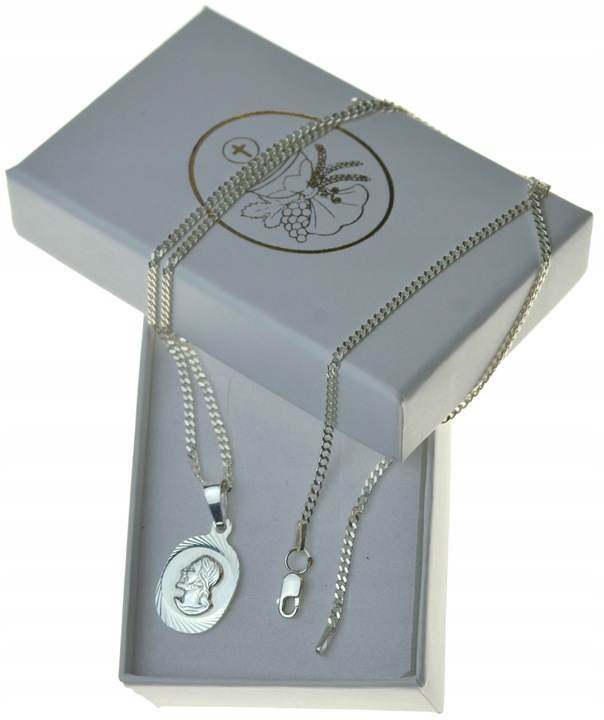 ŁAŃCUSZEK SREBRNY Z Medalikiem Jezus 925 55CM Komplet DLA CHŁOPCA KOMUNIA