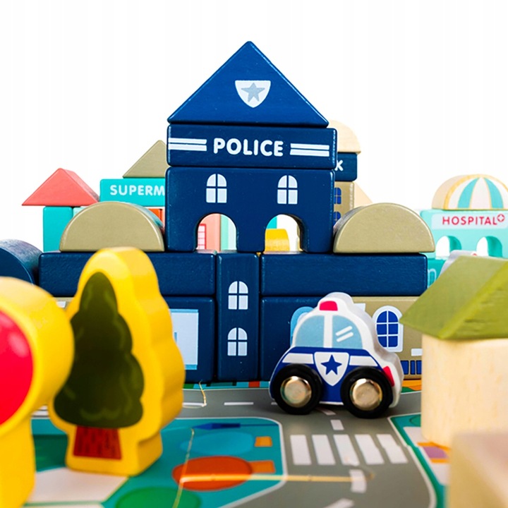 Klocki Miasto Drewniane Auta Zestaw + Puzzle Mata 115 Klocków Edukacyjne