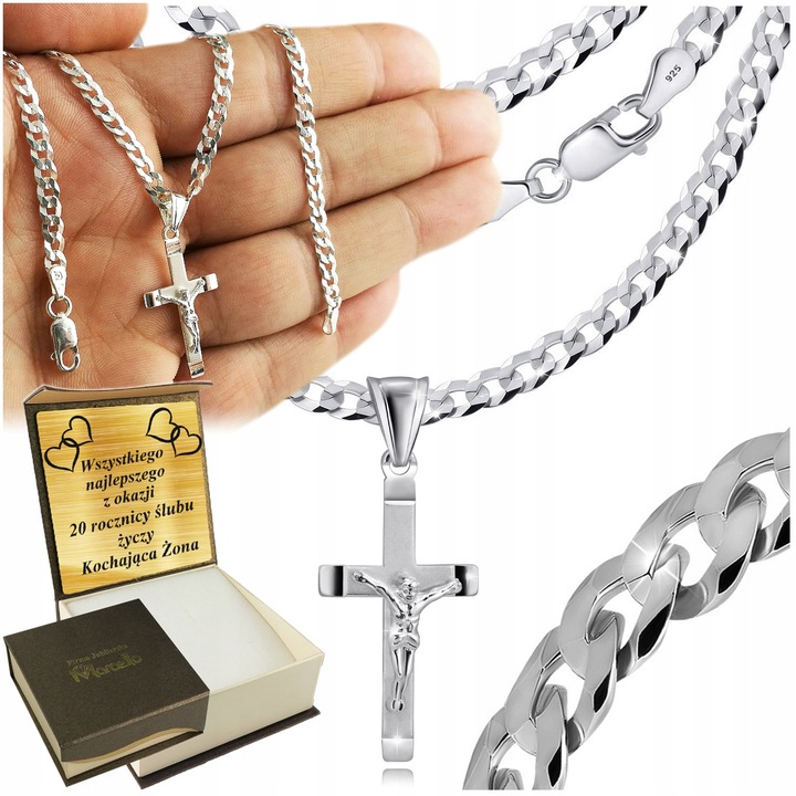 SREBRNY ŁAŃCUSZEK MĘSKI NASZYJNIK PANCERKA SREBRO 925 Z KRZYŻYKIEM GRAWER