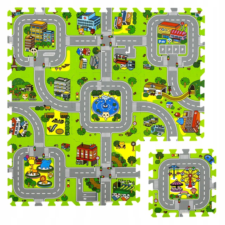 GRUBE PUZZLE PIANKOWE DUŻA MATA PODŁOGOWA EDUKACYJNA 90x90 ULICE MIASTO