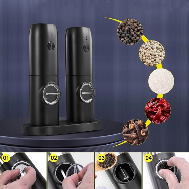 USB ŁADOWANIE ELEKTRYCZNY MŁYNKÓW DO SOLI I PIEPRZU, 2X MŁYNEK DO PRZYPRAW