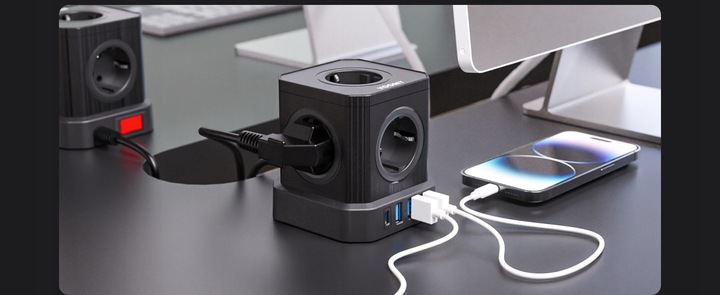 Biały Listwa Zasilająca Voomy PowerCube S6 z Jednym USB-C i Trzema USB-A