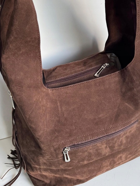 Torba Flora&Co torebka frędzle worek zamsz zamszowa eco brązowa czekoladowy