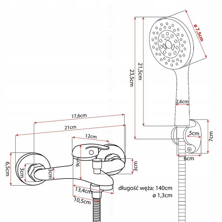 ZESTAW WANNOWY BATERIA PRYSZNICOWA ścienna wąż uchwyt słuchawka 5 trybów