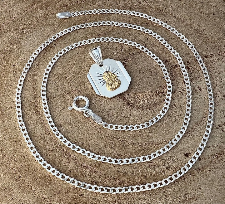 Srebrny łańcuszek 45cm pancerka medalik 925 pozłacana Matka Boska Komunia