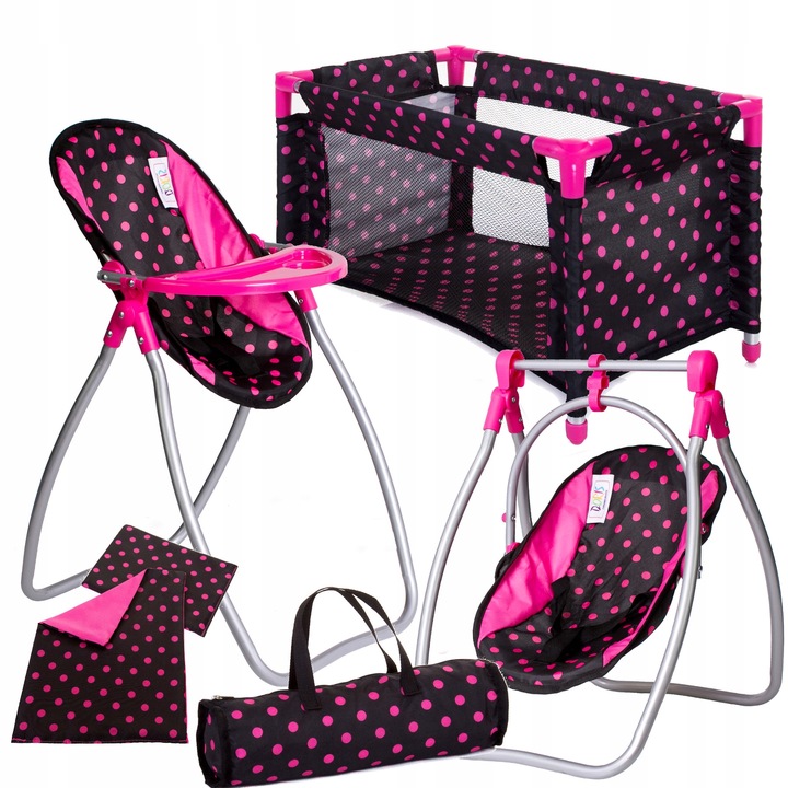 ŁÓŻECZKO dla lalek KRZESEŁKO DO KARMIENIA HUŚTAWKA 2w1 Zestaw dla lalki