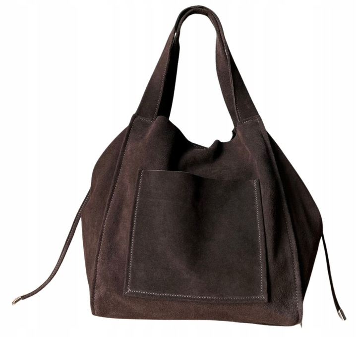 Czekoladowa zamszowa torebka shopper worek XL ZAMSZ NATURALNY Vera Pelle A4