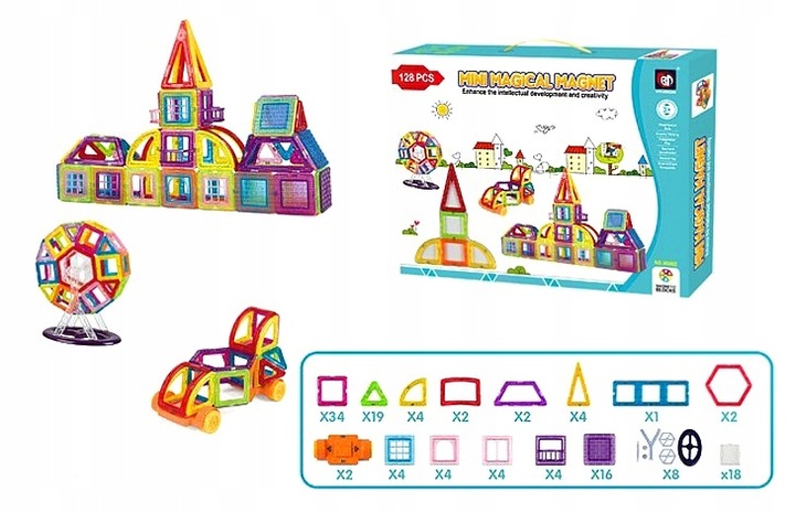 KLOCKI MAGNETYCZNE KONSTRUKCYJNE PANELE NEODYMOWE DLA DZIECI ZESTAW 128 EL.