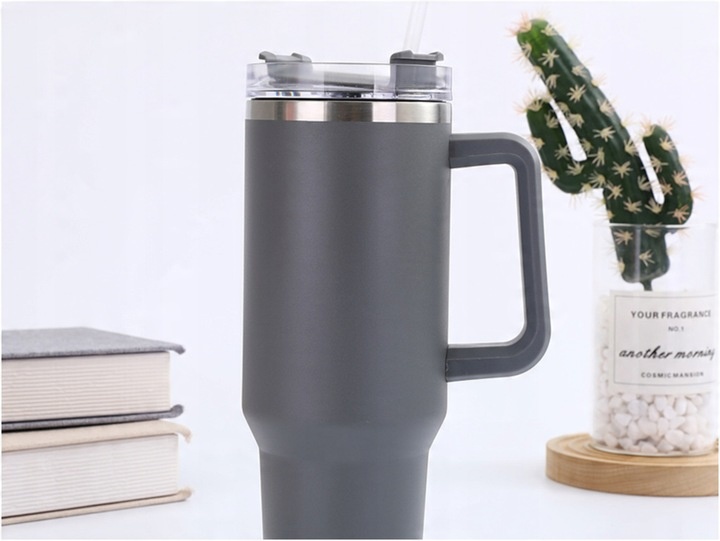 MagiCook KUBEK TERMICZNY SZARY 1200 ML ZE SŁOMKĄ STYLE USA Szarość