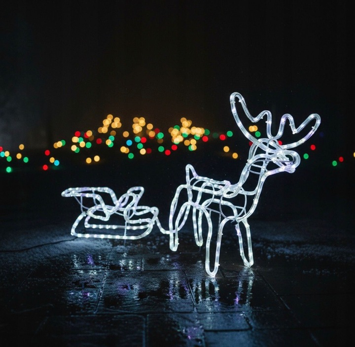 Renifer LED z Saniami na Zewnątrz - Świąteczne Światło FLASH, Biały Zimny