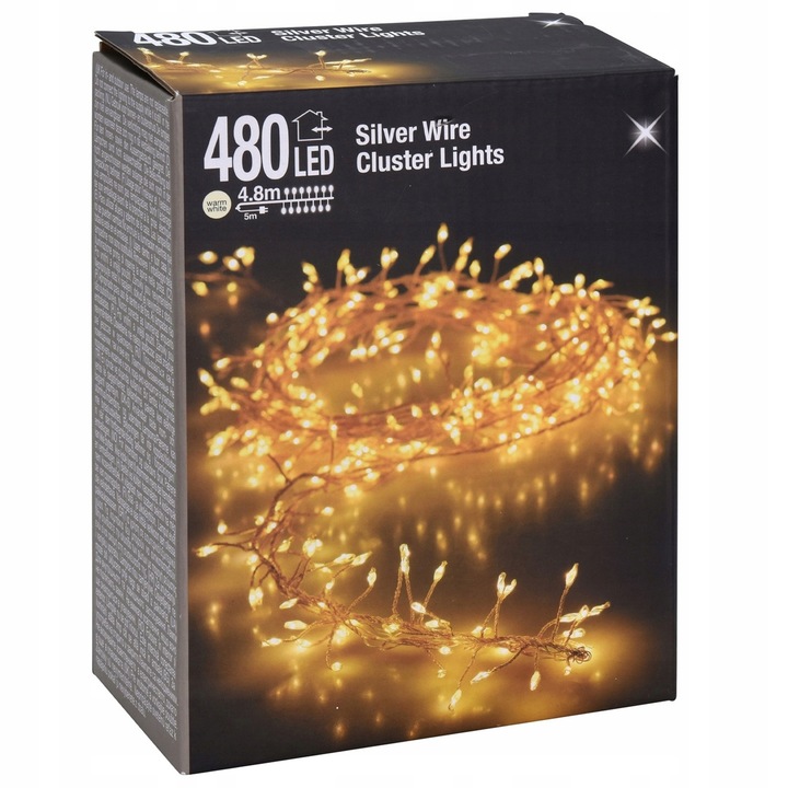Lampki choinkowe 480 LED biały ciepły 4,8 metra CLUSTER RYŻ SREBRNY DRUCIK