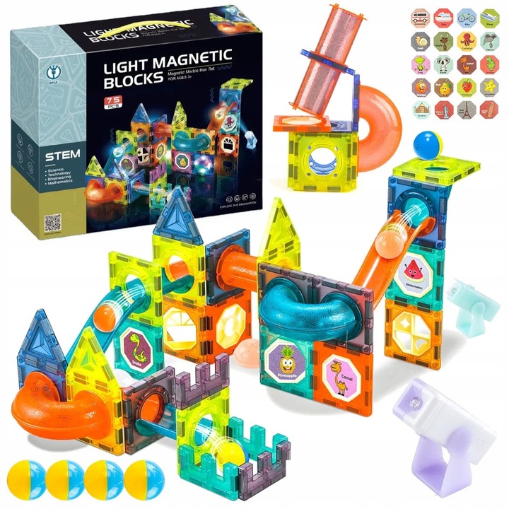 KLOCKI MAGNETYCZNE ŚWIECĄCE STEM 75 ELEMENTÓW TOR KULKOWY LED3+ MAGNA TILES