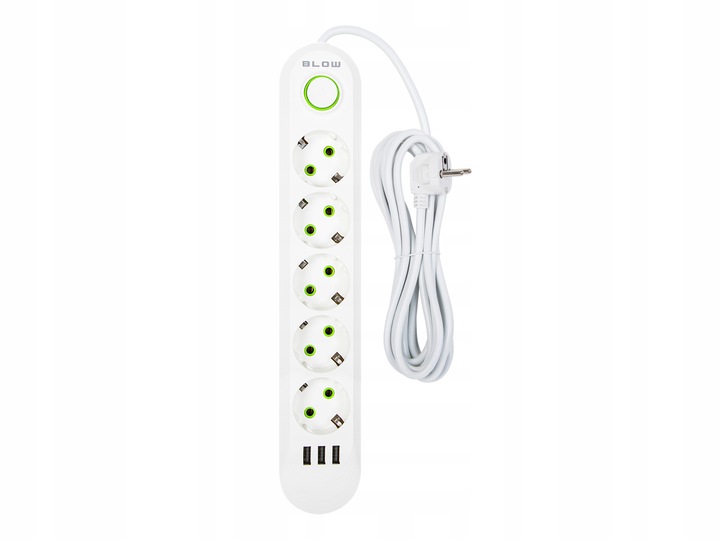 PRZEDŁUŻACZ LISTWA ZASILAJĄCA WŁĄCZNIK 3x USB 5 GNIAZD 5m BIAŁY ŁADOWARKA
