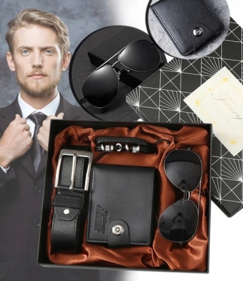 Męski Zestaw Prezentowy z Portfelem, Paskiem, Okularami i Bransoletką