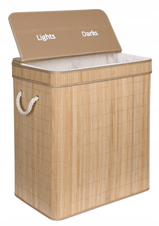 KOSZ BAMBUSOWY NA PRANIE BIELIZNĘ Z POKRYWĄ DWUKOMOROWY POJEMNIK DUŻY 100L