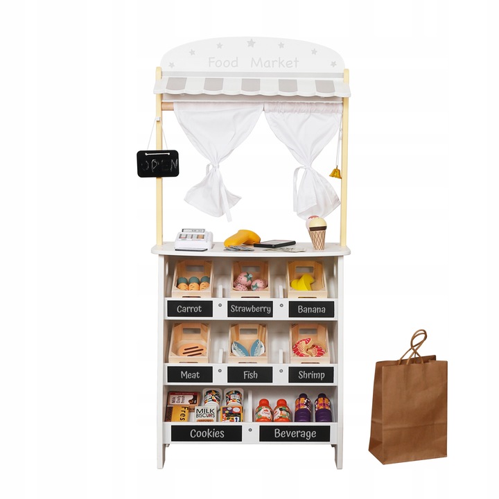 DREWNIANY STRAGAN TEATRZYK MINI MARKET SKLEP WARZYWNIAK Z AKCESORIAMI