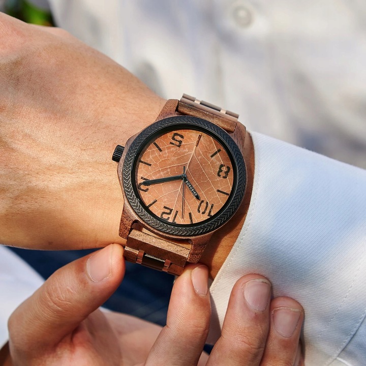 DREWNIANY ZEGAREK MĘSKI BOBO BIRD T155-4 ELEGANCKI BRANSOLETA TARCZA LIŚĆ