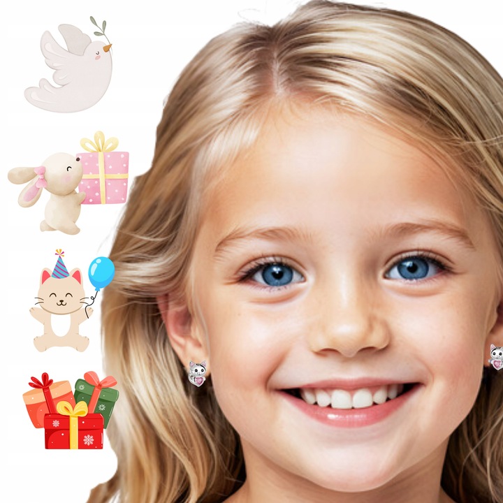 Kolczyki Srebrne Dla Dziewczynki Rodowane Kotki Srebro 925 Sztyfty Serce