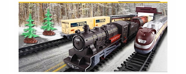 WIELKA KOLEJKA POCIĄG TORY 10 metrów LOKOMOTYWA LED 7 wagonów DRZEWKA PERON