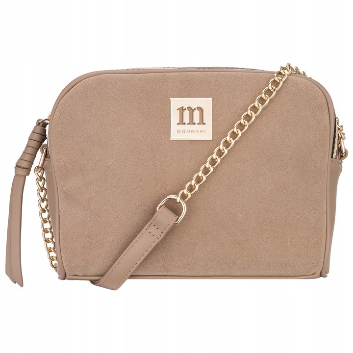 Torebka Damska Listonoszka MONNARI Camel BEŻ ZAMSZ Logo PASEK REGULOWANY