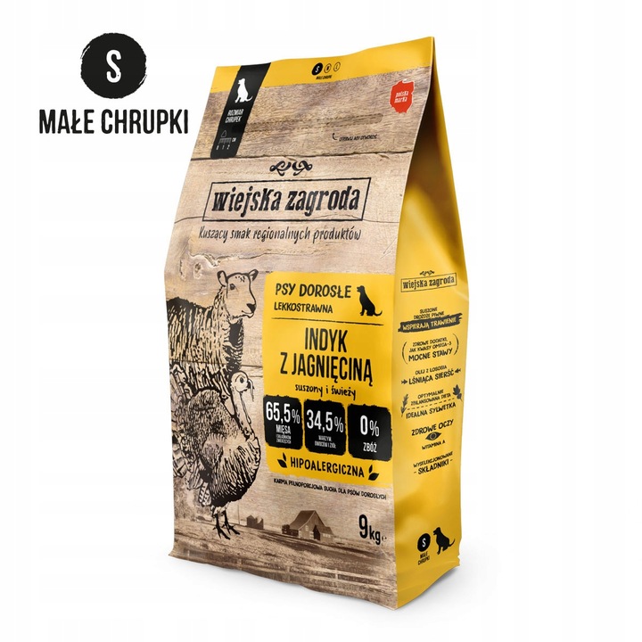 WIEJSKA ZAGRODA KARMA bez zbóż DLA PSA INDYK Z jagnięciną 9 kg CHRUPKA S