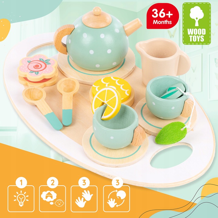 DREWNINAY ZESTAW DO HERBATY DLA DZIECI KINDERPLAY AKCESORIA + TACA