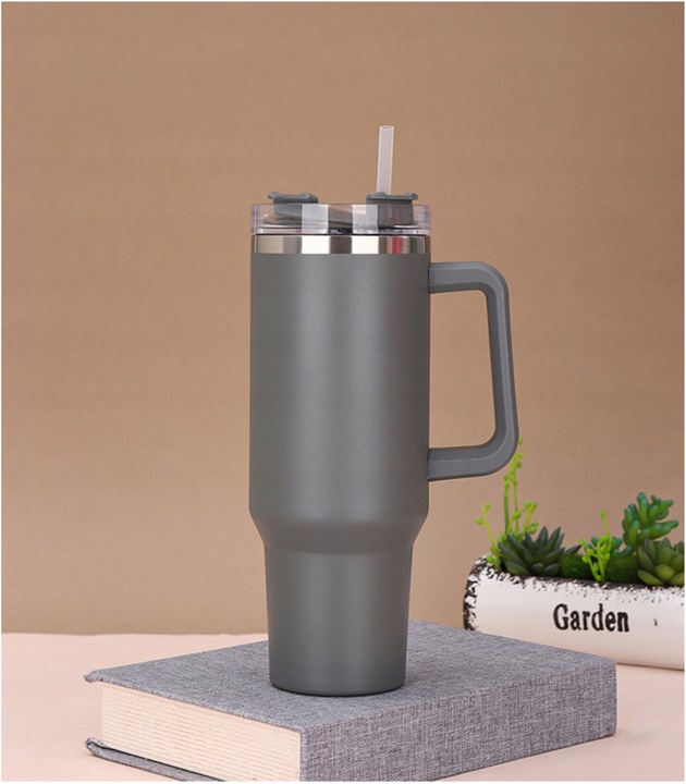 MagiCook KUBEK TERMICZNY SZARY 1200 ML ZE SŁOMKĄ STYLE USA Szarość