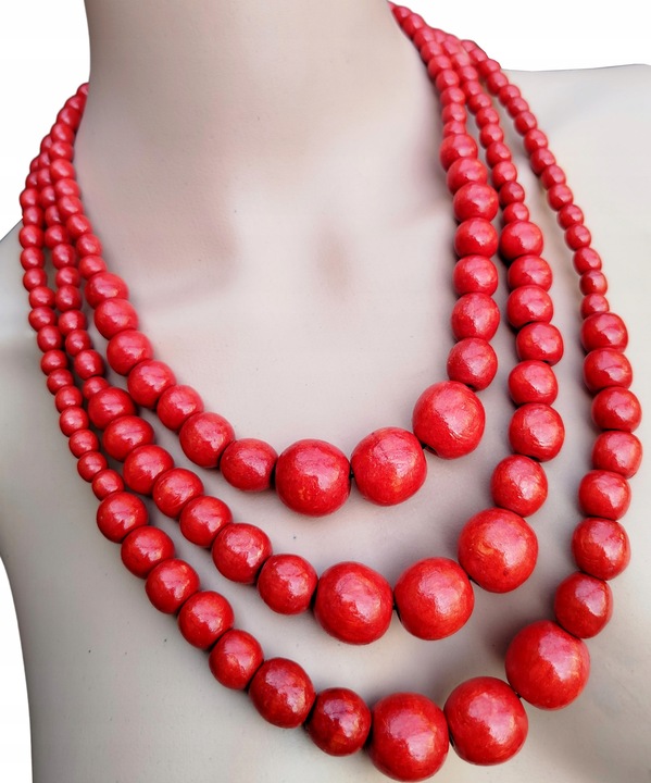 GÓRALSKIE CZERWONE KORALE DREWNIANE ZESTAW FOLK POTRÓJNE STOPNIOWANE LUDOWE