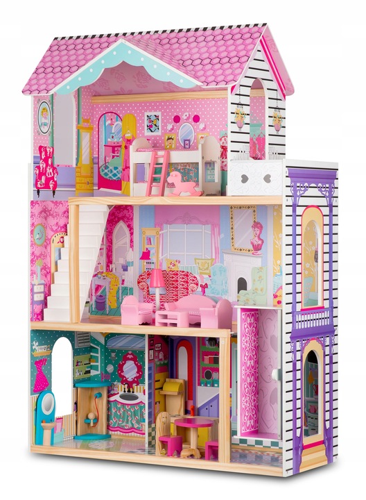 XXL DUŻY DREWNIANY RÓŻOWY DOMEK DLA LALEK MEBLE WINDA AKCESORIA LED