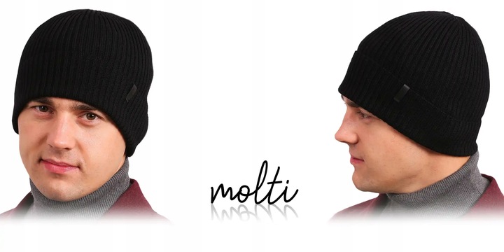 Czapka zimowa męska ciepła klasyczna CZARNA wełna MERINO na zimę 55-60