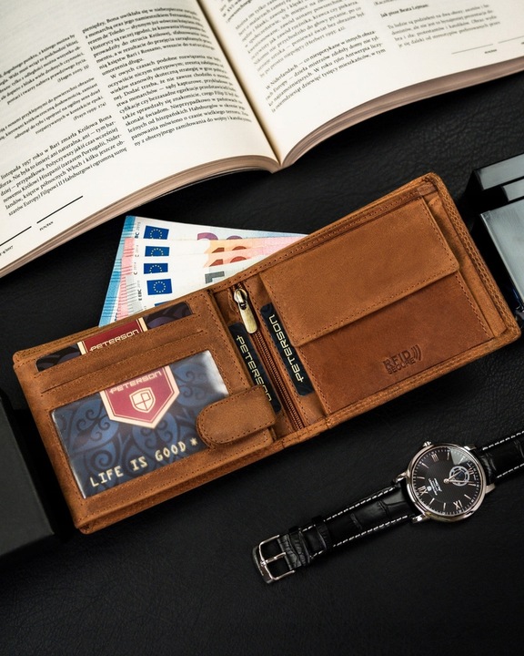 Portfel skórzany męski RFID pojemny na prezent brązowy nubukowy Peterson