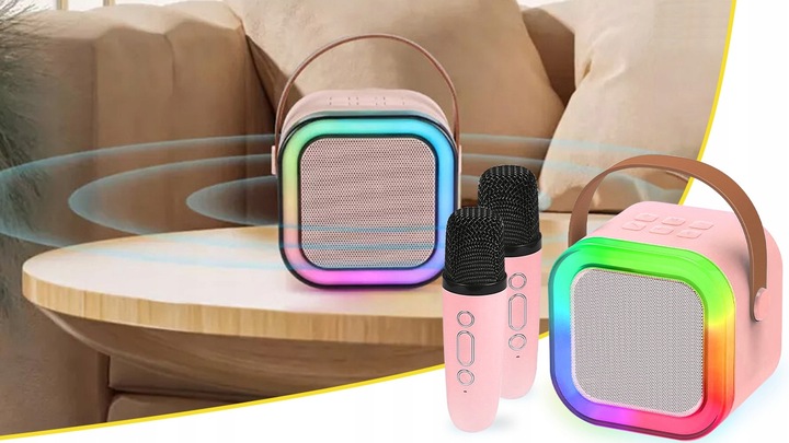 ZESTAW GŁOŚNIK BLUETOOTH PRZENOŚNY KARAOKE RGB 2 MIKROFONY USB SD MINI JACK